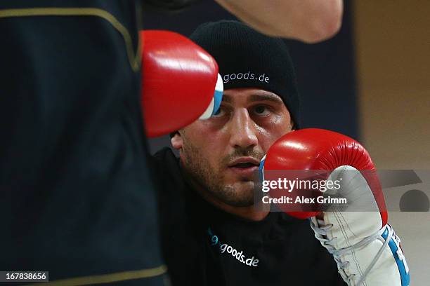 Challenger Francesco Pianeta exercises during the official training session ahead of his IBF, WBA, WBO and IBO World Championship fight against...