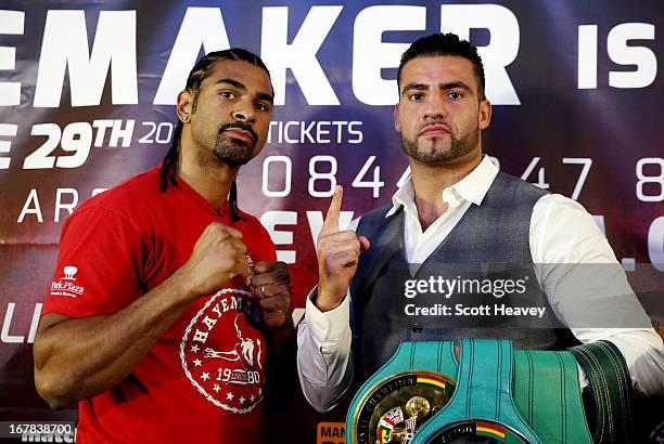 David Haye and Manuel Charr during a press conference to announce their upcoming Heavyweight bout at Manchester Arena on May 1, 2013 in Manchester,...