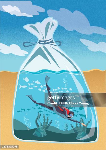 ocean wrap by plastic. suffocated ocean. plastic bags pollution. diver diving in the ocean that polluted by plastic bags. - water damage stock illustrations