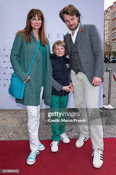 Alexandra Kamp , Michael von Hassel and his Cousin Vinzenz Tischer attend the premiere of the documentary 'Allein im Licht' at the Babylon cinema on...