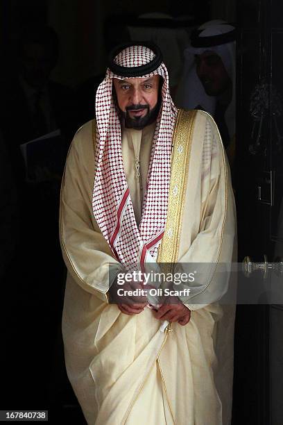 President of the United Arab Emirates, His Highness Sheikh Khalifa bin Zayed Al Nahyan, leaves number 10 Downing Street after meeting with British...