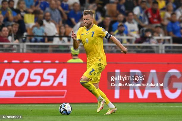 Andriy Yarmolenko of Ukraine in action during the UEFA EURO 2024 European qualifier match between Italy and Ukraine at Stadio San Siro on September...