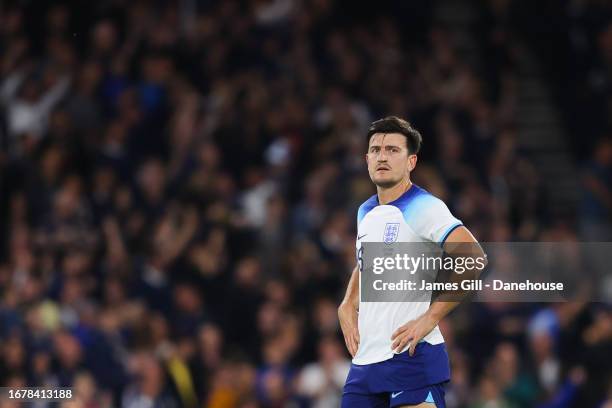 Harry Maguire of England during the 150th Anniversary Heritage Match between Scotland and England at Hampden Park on September 12, 2023 in Glasgow,...