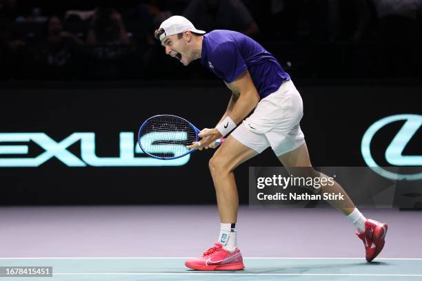 Jack Draper of Great Britain celebrates winning in the Australia v Great Britain Match 1 against Thanasi Kokkinakis of Australia during day two of...