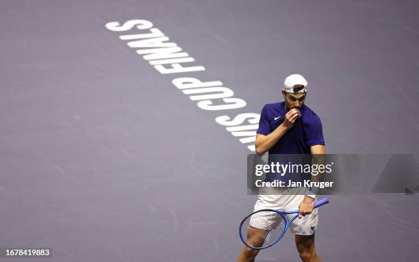 Jack Draper of Great Britain in action in his match against Thanasi Kokkinakis of Australia during day two of the 2023 Davis Cup finals group stage...