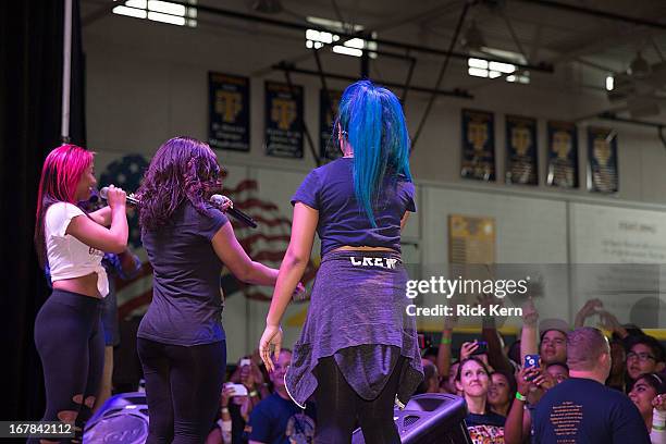 Bahja Rodriguez aka Miss Beauty, Breaunna Womack aka Miss Babydoll, and Zonnique Pullins aka Miss Star of the OMG Girlz visit Round Rock, Texas...