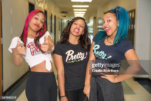 Bahja Rodriguez aka Miss Beauty, Breaunna Womack aka Miss Babydoll, and Zonnique Pullins aka Miss Star of the OMG Girlz pose during their Get...