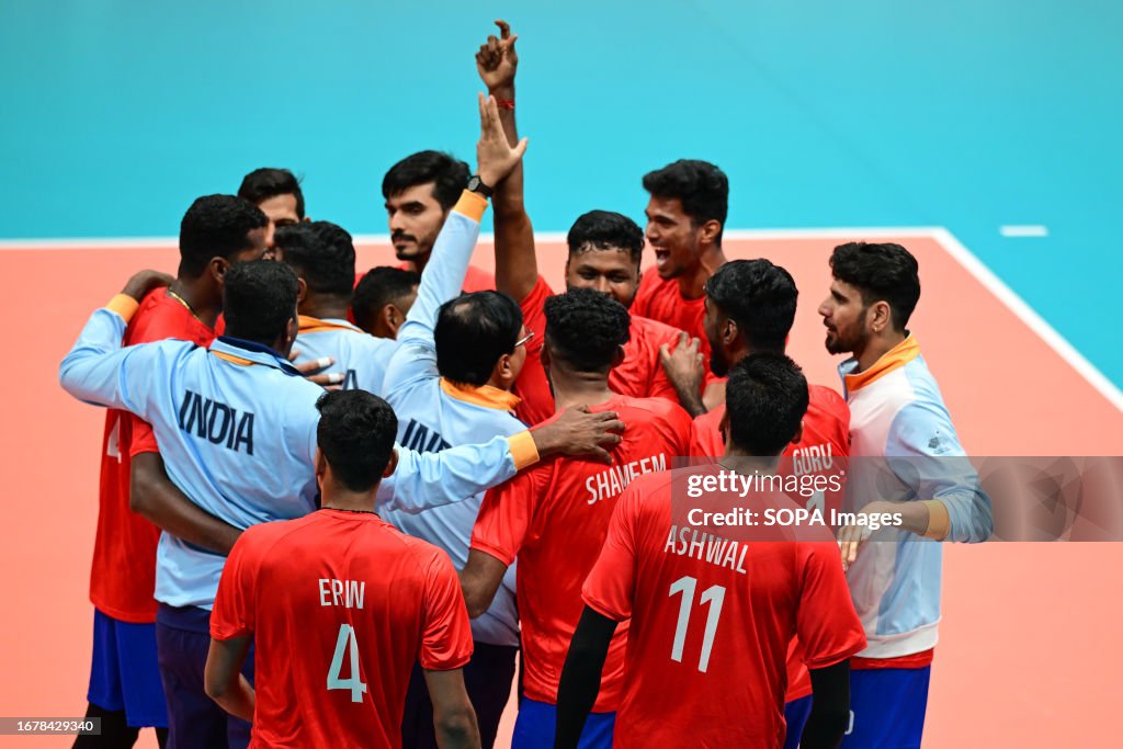 The India men volleyball team are seen during the19th Asian...