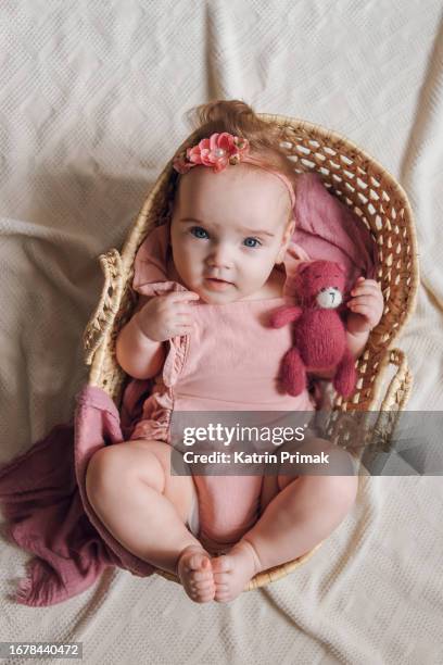 a cute little girl 5 months old in a basket on a crocheted blanket. - old hat new hat ストックフォトと画像