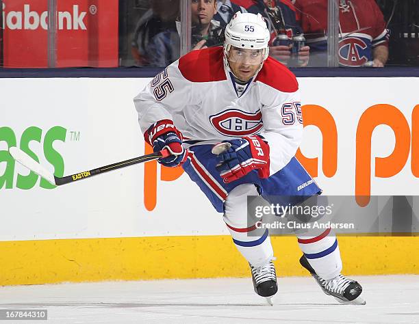 Francis Bouillon of the Montreal Canadiens skates in a game against the Toronto Maple Leafs on April 27, 2013 at the Air Canada Centre in Toronto,...