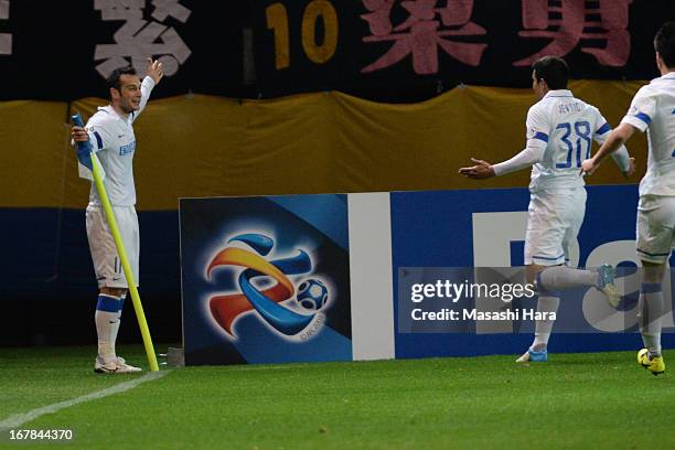 Hamdi Salihi of Jiangsu Sainty celebrates after scoring their second goal during the AFC Champions League Group E match between Vegalta Sendai and...