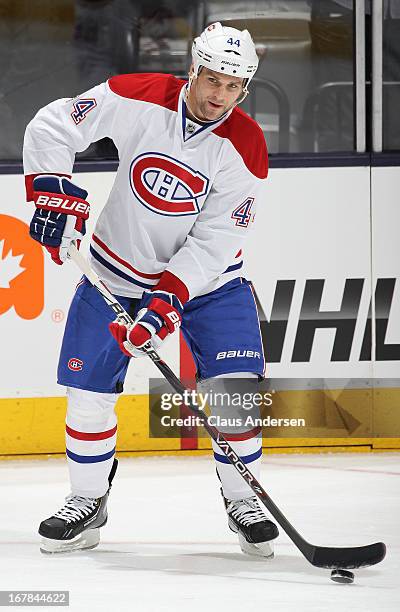 Davis Drewiske of the Montreal Canadiens skates in the warm-up prior to a game against the Toronto Maple Leafs on April 27, 2013 at the Air Canada...