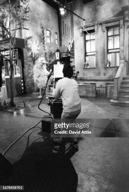 Actor Carroll Spinney, playing Big Bird, is filmed during Sesame Street's very first season, at Reeves TeleTape Studio on March 13, 1970 in New York...