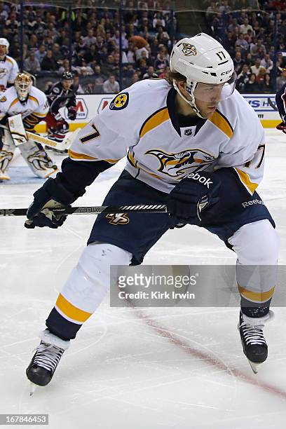 Chris Mueller of the Nashville Predators skates after the puck during the game against the Columbus Blue Jackets on April 27, 2013 at Nationwide...