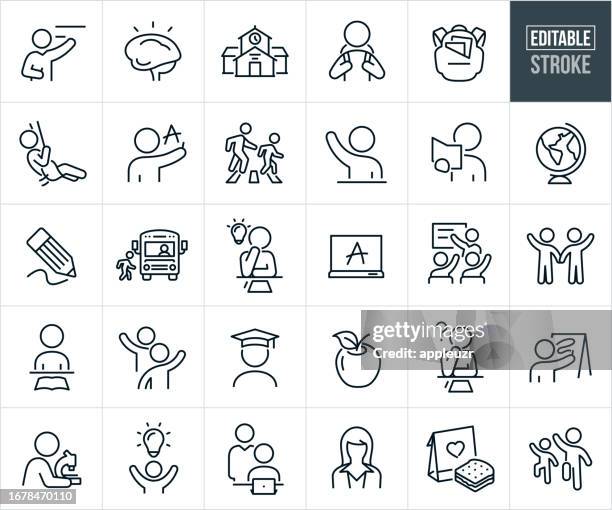 stockillustraties, clipart, cartoons en iconen met elementary school education thin line icons - editable stroke - arms raised