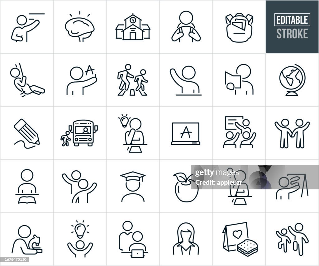 Elementary School Education Thin Line Icons - Editable Stroke