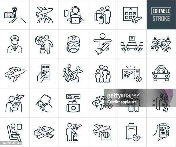 ilustraciones, imágenes clip art, dibujos animados e iconos de stock de iconos de línea delgada de vuelos comerciales y viajes aéreos: trazo editable - security scanner