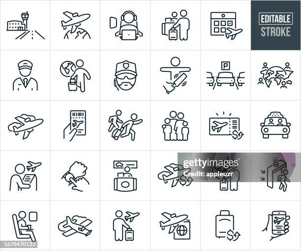 commercial flight and air travel thin line icons - editable stroke - security scanner stock illustrations