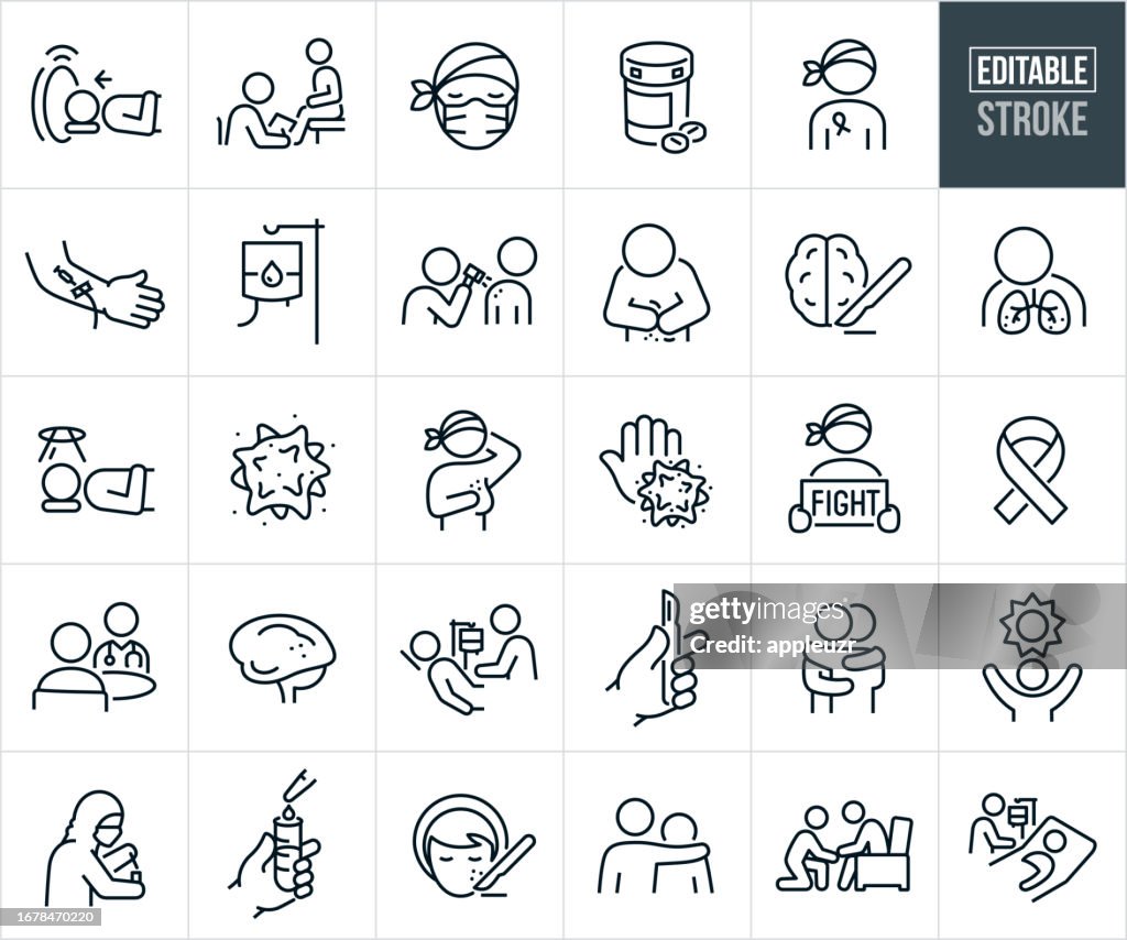 Iconos de línea delgada de cáncer y oncología - Accidente cerebrovascular editable