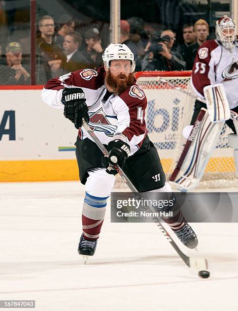 Greg Zanon of the Colorado Avalanche skates with the puck against the Phoenix Coyotes at Jobing.com Arena on April 26, 2013 in Glendale, Arizona.