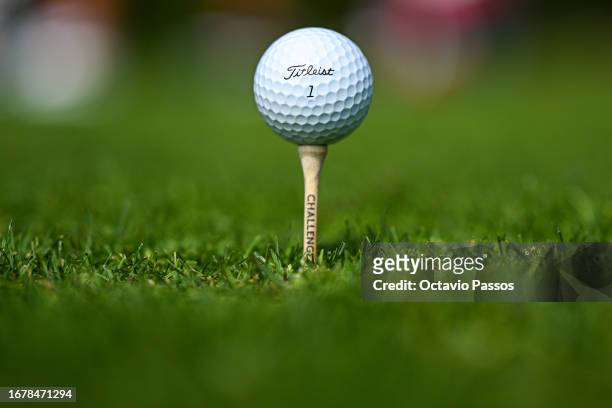 Titleist 1 golf ball is pictured prior to the Open de Portugal at Royal Obidos at Royal Obidos Spa & Golf Resort on September 13, 2023 in Obidos,...