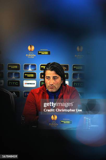 Coach Murat Yakin of Basel attends a press conference, on the eve of the UEFA Europa League semi-final second leg against Chelsea, at Stamford Bridge...