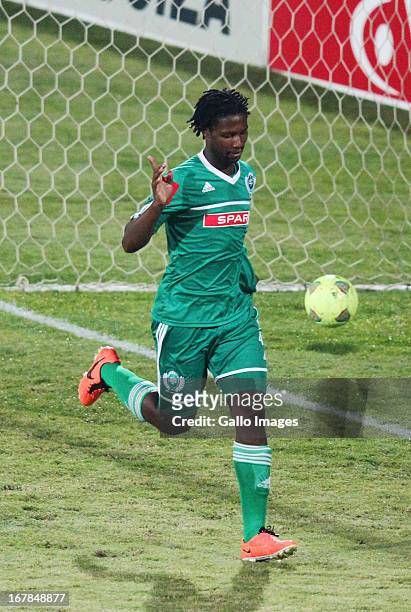 Bongani Ndulula celebrates his goal during the Absa Premiership match between AmaZulu and Black Leopards from Princess Magogo Stadium on May 01, 2013...