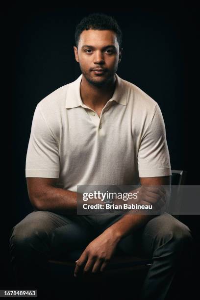 September 13: PLAYER of the TEAM poses for a portrait at the NHL Player Media tour at Encore on September 13, 2023 in Las Vegas, Nevada.