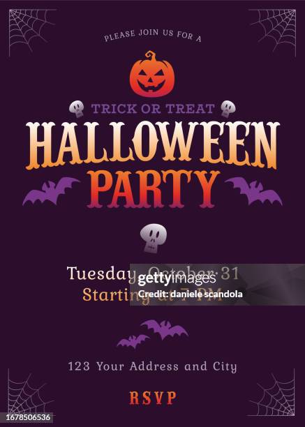 ilustraciones, imágenes clip art, dibujos animados e iconos de stock de póster de la fiesta de halloween sobre fondo morado. - halloween party