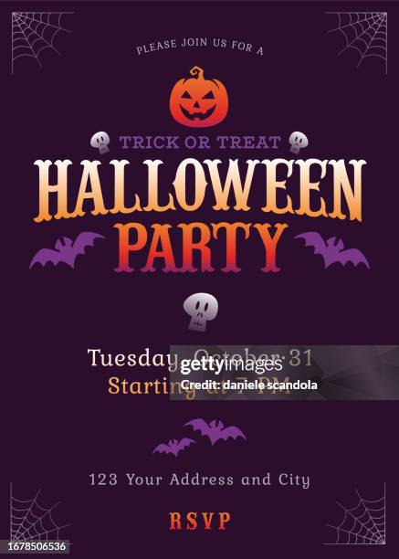 halloween party poster on purple background. - halloween font stock illustrations