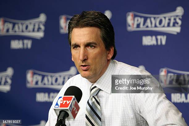 Vinny Del Negro of the Los Angeles Clippers answers questions in his post game conference after the game against the Memphis Grizzlies in Game Four...