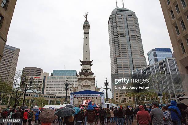 General view of the crowd and stage in downtown Indianapolis during the 2013 500 Festival REV Your Engines Concert at Monument Circle on April 27,...