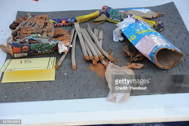 In this handout provided by the U.S. Department of Justice, a collection of fireworks that was found inside a backpack that belonged to Boston...