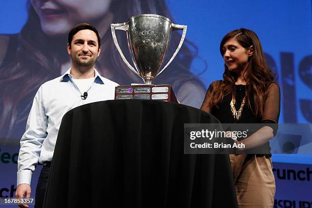 TechCrunch co-editors Eric Eldon and Alexia Tsotsis speak onstage at TechCrunch Disrupt NY 2013 at The Manhattan Center on May 1, 2013 in New York...
