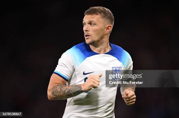 Kieran Trippier of England in action during the 150th Anniversary Heritage Match between Scotland and England at Hampden Park on September 12, 2023...