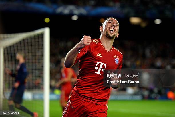 Franck Ribery of Munich celebrates after Gerard Pique of Barcelona scores an own goal to make the score 2-0 during the UEFA Champions League semi...