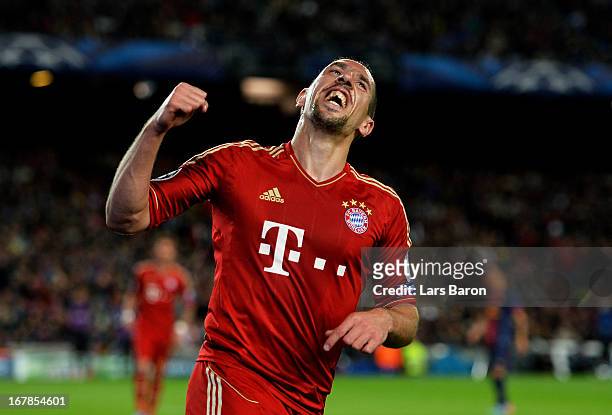 Franck Ribery of Munich celebrates after Gerard Pique of Barcelona scores an own goal to make the score 2-0 during the UEFA Champions League semi...