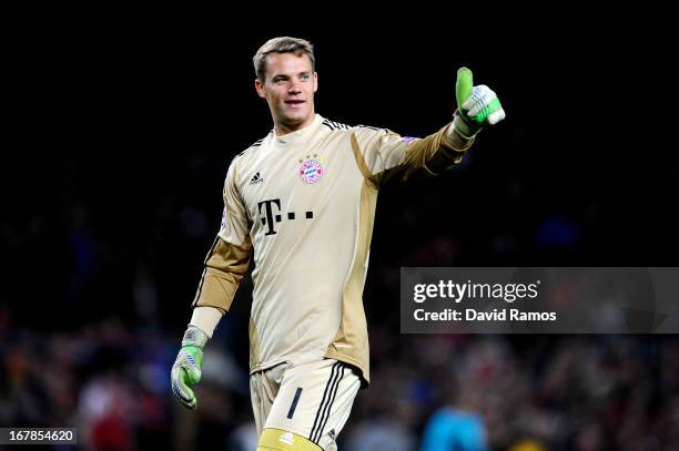 Goalkeeper Manuel Neuer of Munich celebrates during the UEFA Champions League semi final second leg match between Barcelona and FC Bayern Muenchen at...