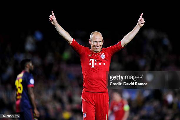 Arjen Robben of Munich celebrates reaching the final following his team's 3-0 victory during the UEFA Champions League semi final second leg match...