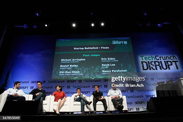 Eric Eldon, David Lee, Nancy Peretsman, Chi-Hua Chien, Roelof Botha and Michael Arrington speak onstage at TechCrunch Disrupt NY 2013 at The...