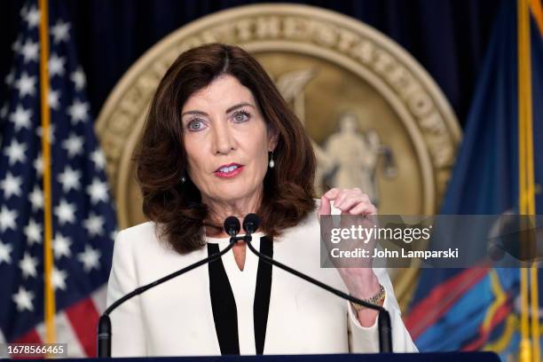 New York Gov. Kathy Hochul speaks during a briefing on the new BA.2.86 COVID-19 variant on September 13, 2023 in New York City. While BA.2.86 has not...