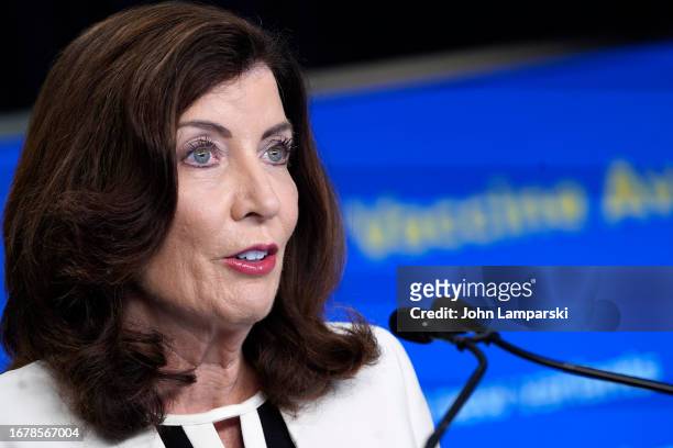 New York Gov. Kathy Hochul speaks during a briefing on the new BA.2.86 COVID-19 variant on September 13, 2023 in New York City. While BA.2.86 has not...