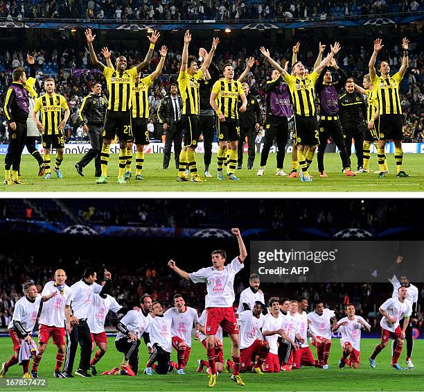 Combo of pictures made on May 1, 2013 shows Dortmund's players celebrating at the end of the UEFA Champions League semi-final second leg football...