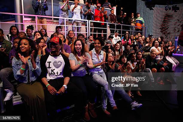 The audience cheers on the set of BET's "106 & Park" at BET Studios on May 1, 2013 in New York City.