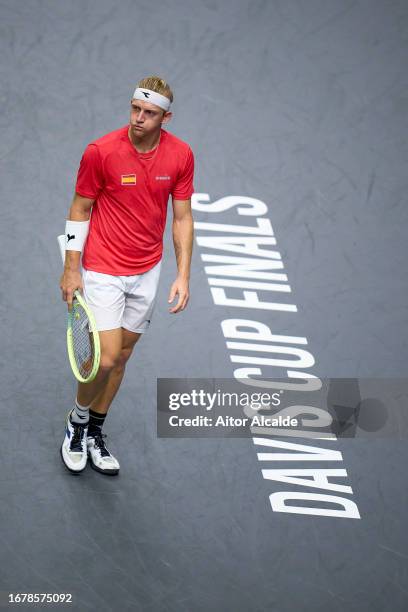 Alejandro Davidovich Fokina of Spain reacts as he plays against Jiri Lehecka of Czechia during to the match between Spain and Czechia as part of the...