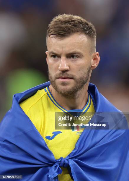 Andriy Yarmolenko of Ukraine looks on during the line up prior to the UEFA EURO 2024 European qualifier match between Italy and Ukraine at Stadio San...