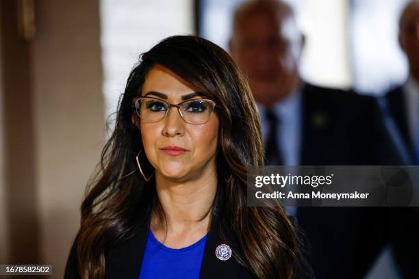 Rep. Lauren Boebert arrives to a Republican caucus meeting at the U.S. Capitol Building on September 13, 2023 in Washington, DC. Congressional...