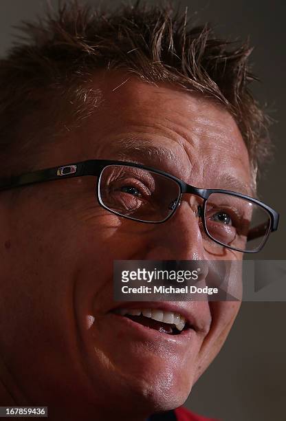 Demons coach Mark Neeld speaks at his media press conference before a Melbourne Demons AFL training session at Gosch's Paddock on May 2, 2013 in...