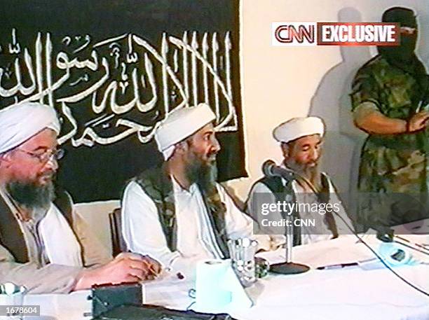 This image taken from a collection of videotapes obtained by CNN, shows three members of the upper echelon of the terrorist group al Qaeda; Ayman...