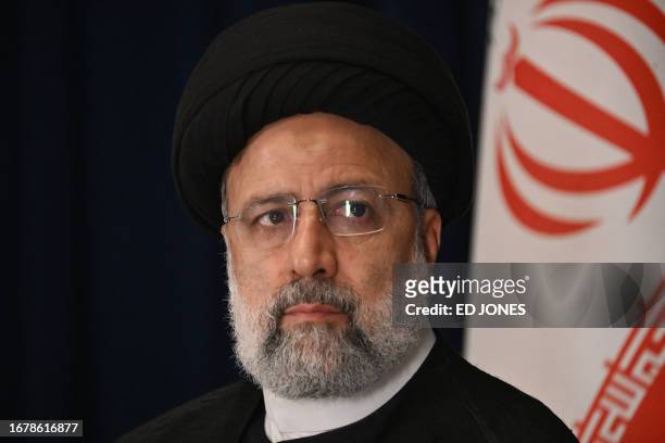 Iranian President Ebrahim Raisi speaks during a news conference on the sidelines of the 78th United Nations General Assembly, at UN headquarters in...